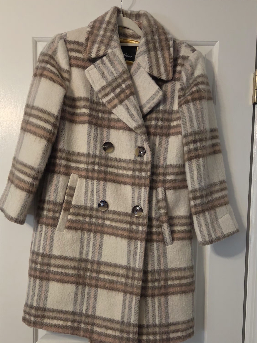 Sam Edelman Women's Double Breasted Plaid Overcoat - Cream Brown Tan Size Small